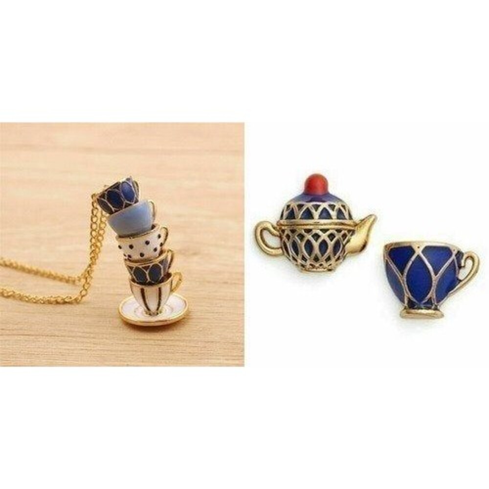 SET: Blue Teacup Earrings & Necklace New